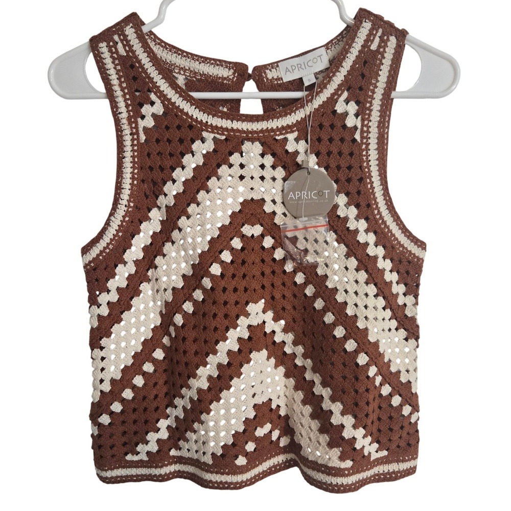Apricot Crochet Tank Top Small Brown Cream Boho Festival Sleeveless Knit NWT